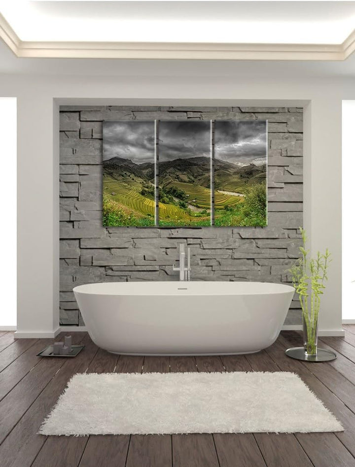 Pixxprint eine Berg Farm in Asien B&W Detail 3-Teiler Leinwandbild 120x80 Bild auf Leinwand
