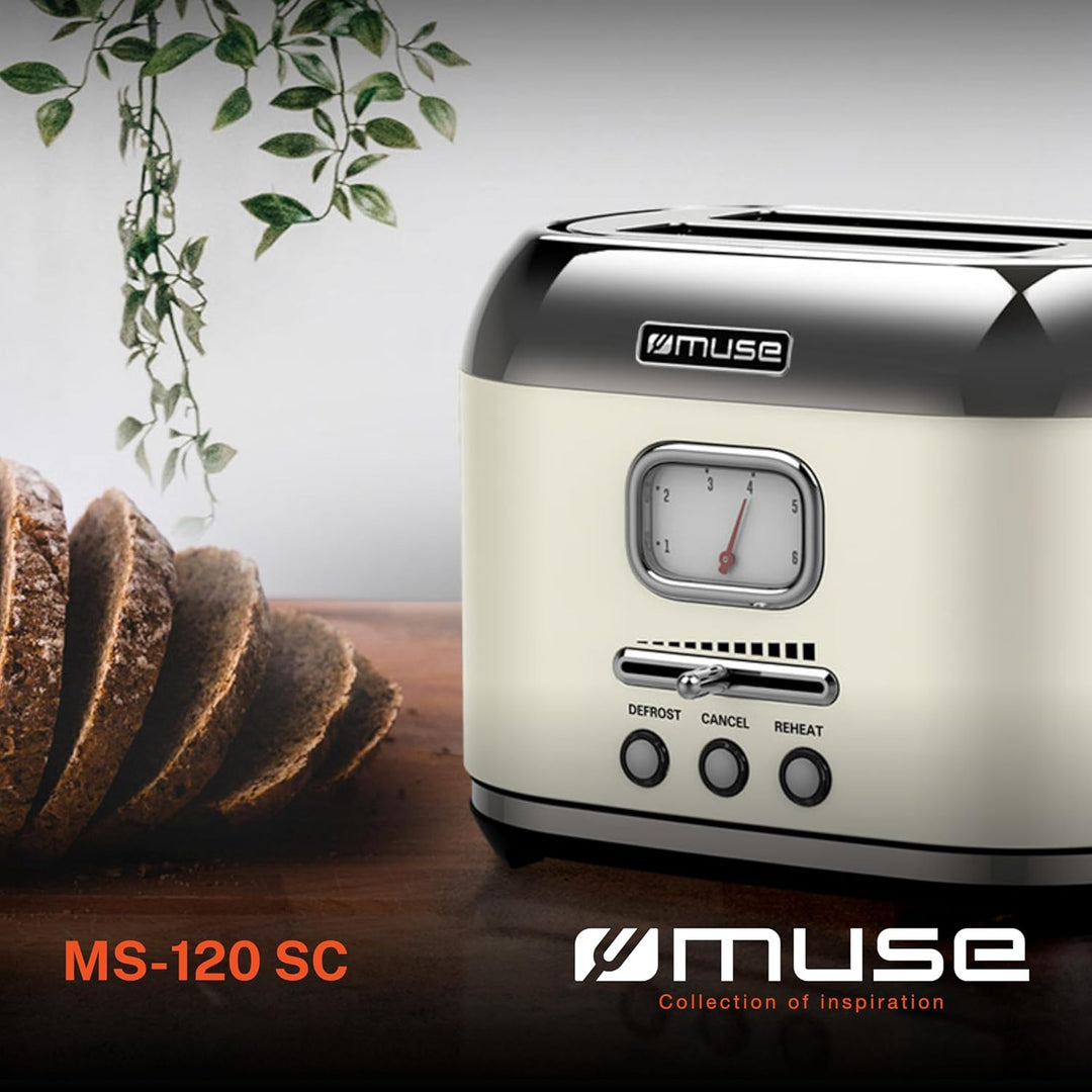 Muse Edelstahl-Toaster in beige und retro Design, analoge Anzeige, beleuchtete Tasten, 6 Bräunungsst