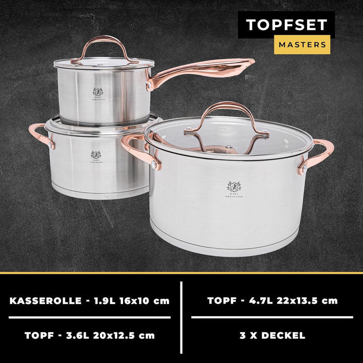 Topfset Induktion Edelstahl 3-Teilig - Kochtöpfe für Alle Herdarten - Kochtopf Set mit Glasdeckel -