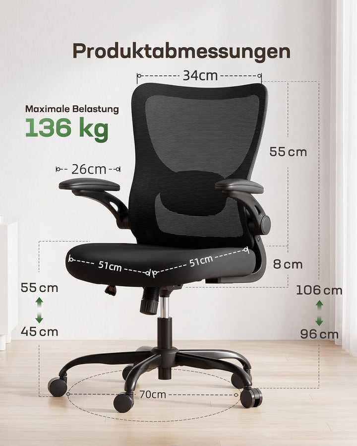 Marsail Bürostuhl Ergonomisch, Ergonomischer Bürostuhl Schreibtischstuhl mit 3D-Armlehnen, 2D-Lenden