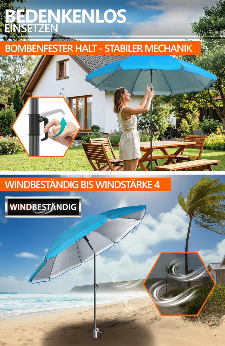 4smile Sonnenschirm Strand Ø 200 cm mit Eindrehbodenhülse, Blau | Strandschirm windfest stabil mit E