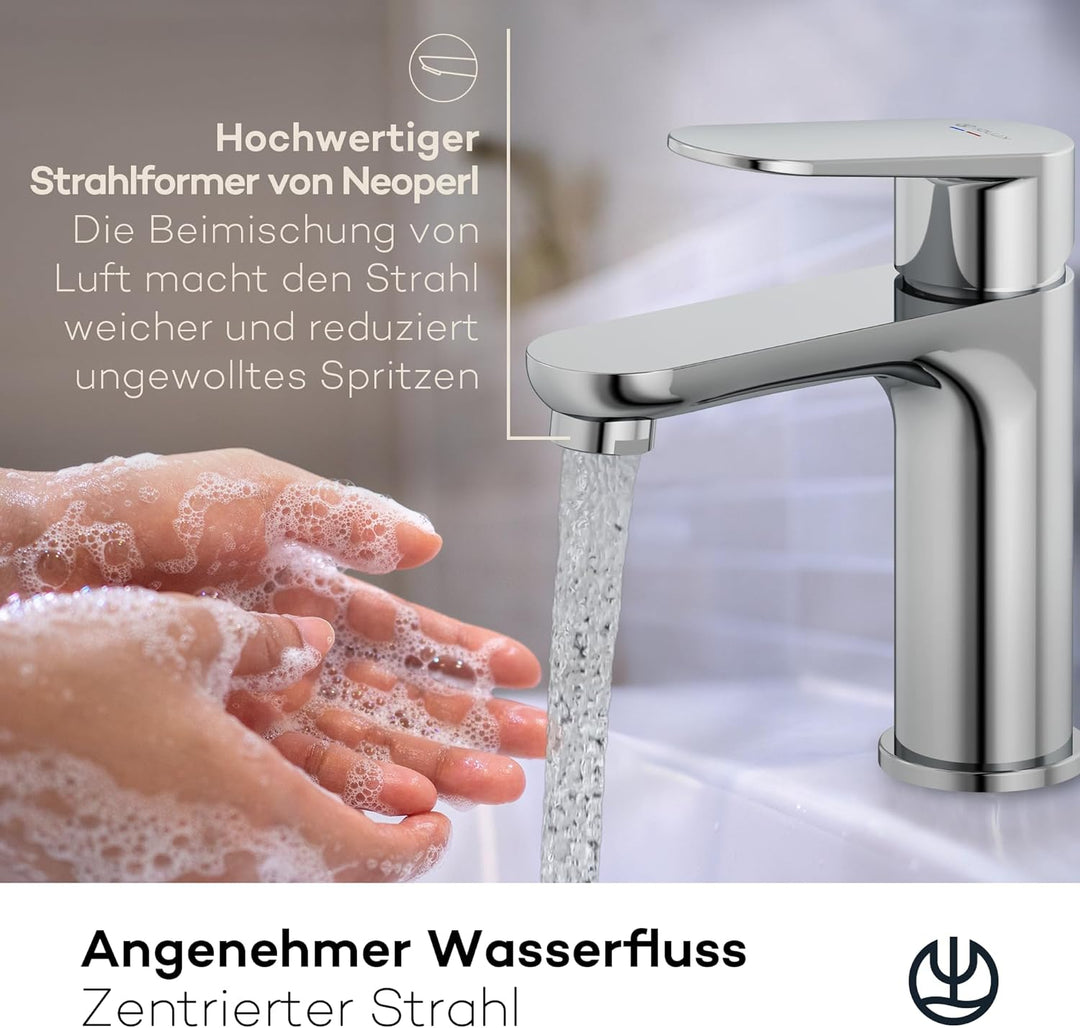 KLUDI-X1 Waschtischarmatur, Auslaufhöhe 95 mm, wassersparender Wasserhahn Bad Grösse M, Keramikkartu