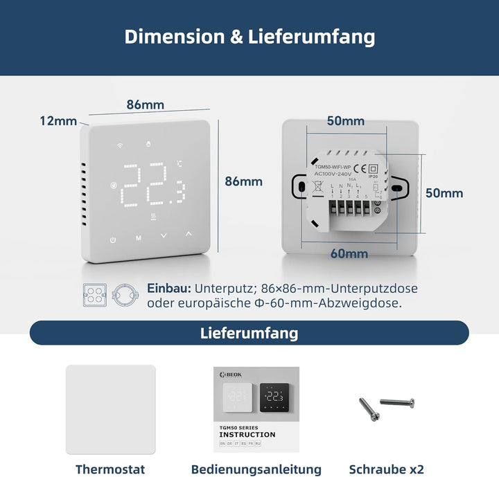 Beok Thermostat Fussbodenheizung Wasser, Raumthermostat Fussbodenheizung WiFi Digital, Tägliche Prog