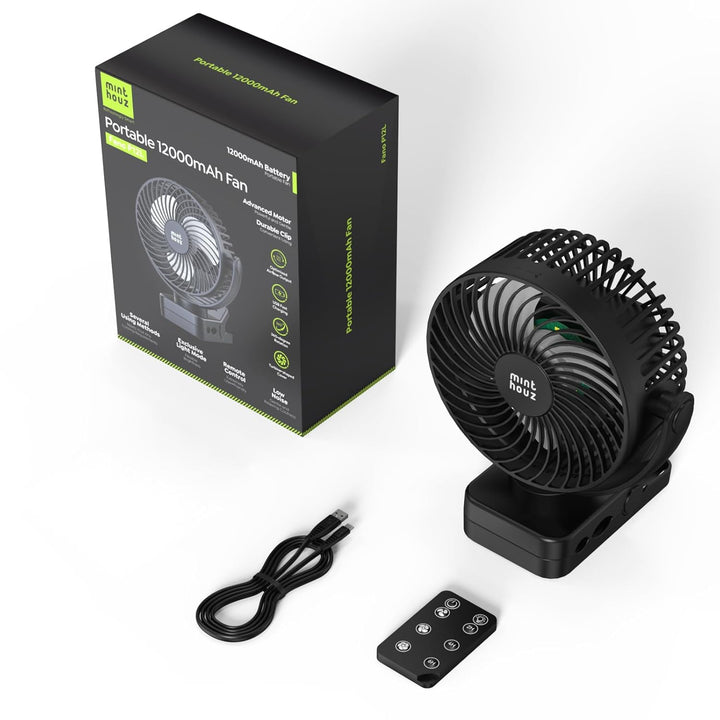 Minthouz USB Tischventilator leise mit 12000mAh Ventilator Akku – Tragbarer Clip-Ventilator mit Fern