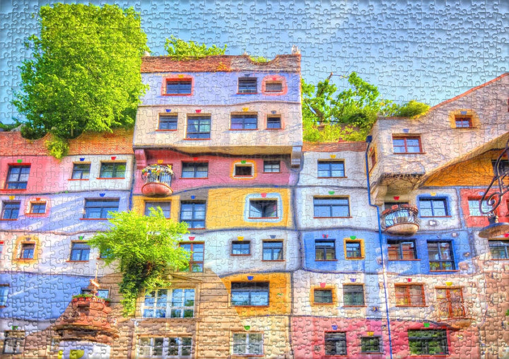 Ulmer Puzzleschmiede - Puzzle „Hundertwasser-Haus“ - Klassisches 1000 Teile Puzzle, Made in Germany