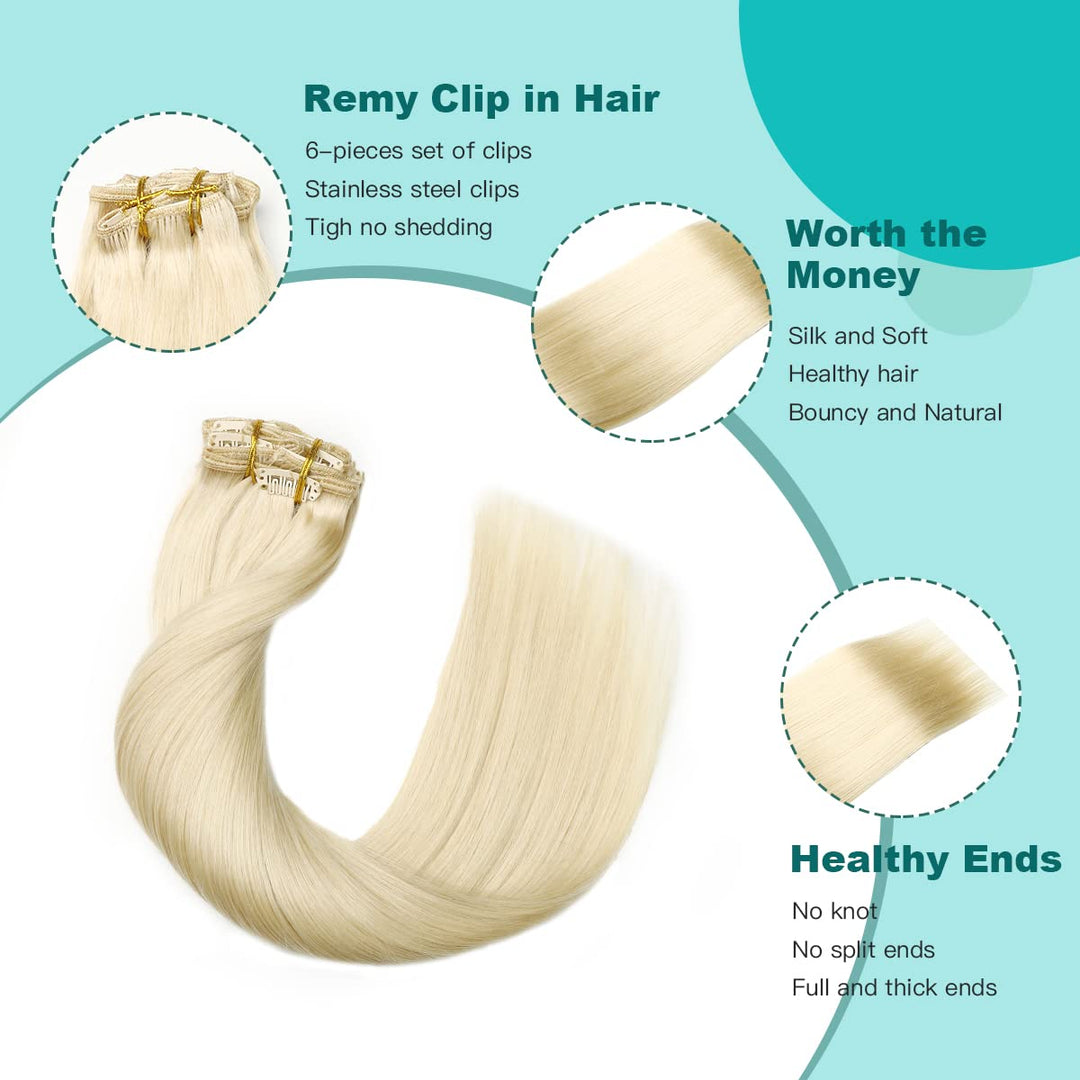 SURNEL Clip in Extensions Echthaar, 120g 6pcs 50cm Helles Platinblond Echthaar Extensions Clip in Re