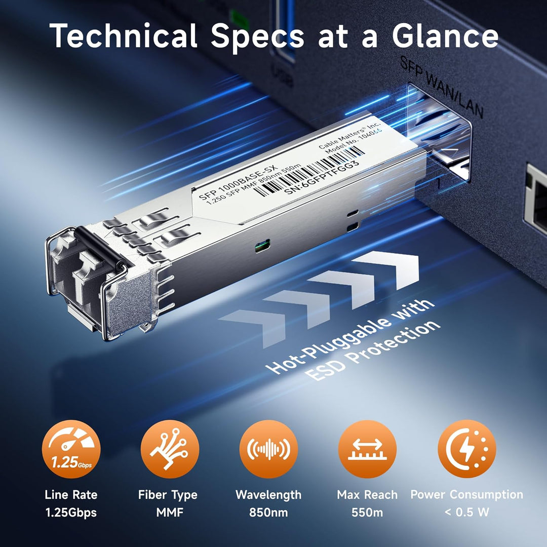 Cable Matters 2er-Pack 1000BASE-SX SFP LC Multimode Glasfaser Transceiver Modul, 1.25G, 850 nm, MMF