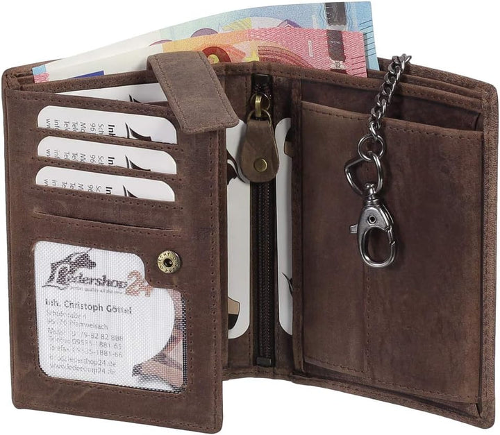 Luxus Leder Bikerbörse mit Kette Biker Geldbörse Portemonnaie Geldbeutel 10 cm 41013 Farbe Braun, Br