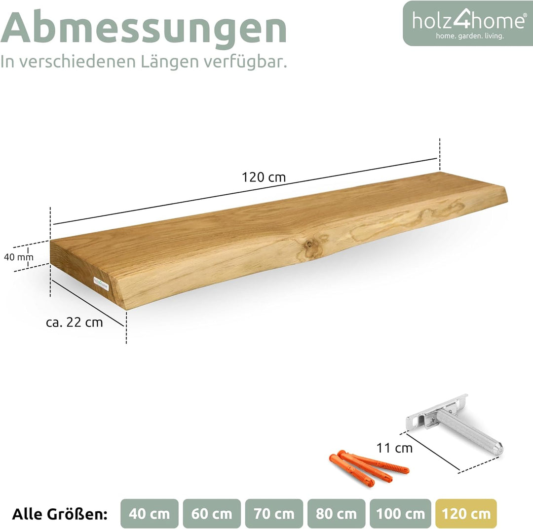 holz4home® Wandregal mit Baumkante 120 cm Länge, Natur Geölt I Schweberegal Massivholz mit unsichtba