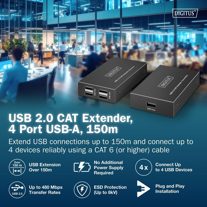 DIGITUS USB 2.0 über Ethernet-Extender – 4-Port USB-A Hub – 150m Reichweite mit Cat 6 Netzwerkkabel