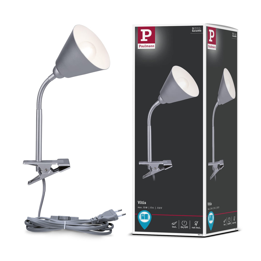 Paulmann 95432 Klemmleuchte Vitis mit Flexarm rund max. 20 Watt Lampe Schnurschalter Grau Metall, Ku