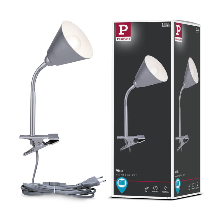 Paulmann 95432 Klemmleuchte Vitis mit Flexarm rund max. 20 Watt Lampe Schnurschalter Grau Metall, Ku