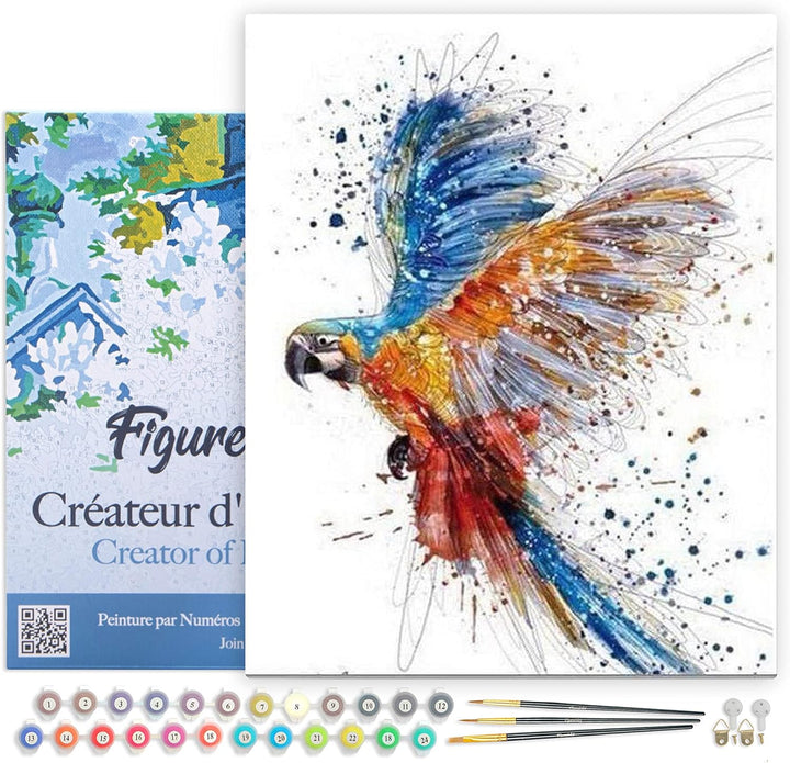 Figured'Art Malen Nach Zahlen Erwachsene Mit Rahmen Papagei in vollem Flug - Paint by Numbers Bastel
