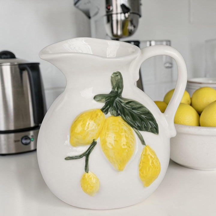 Formano Deko Krug Porzellan Zitronen Deko-Vase aus weiss glasiertem Porzellan mit handbemaltem Zitro
