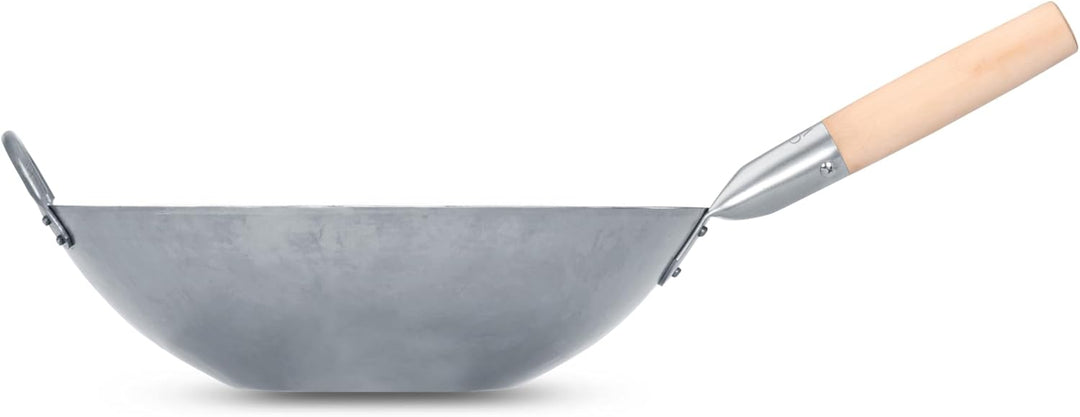 Craft Wok 731W316 Pow-Wok, flach, handgehämmerter Karbonstahl, mit Holz- und Stahlgriff, 35,6 cm, fl