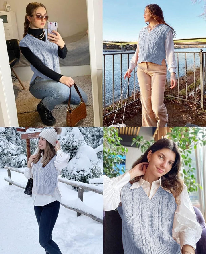 Tongmingyun Pullunder Damen Ärmellos V-Ausschnitt Strick Pullover Basic Strickweste Einfarbig Tank T