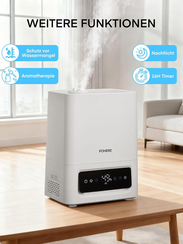 FOHERE 6L Luftbefeuchter für Grosse Räume, 60H Kaltnebel leiser Humidifier für Kinderzimmer, Schlafz