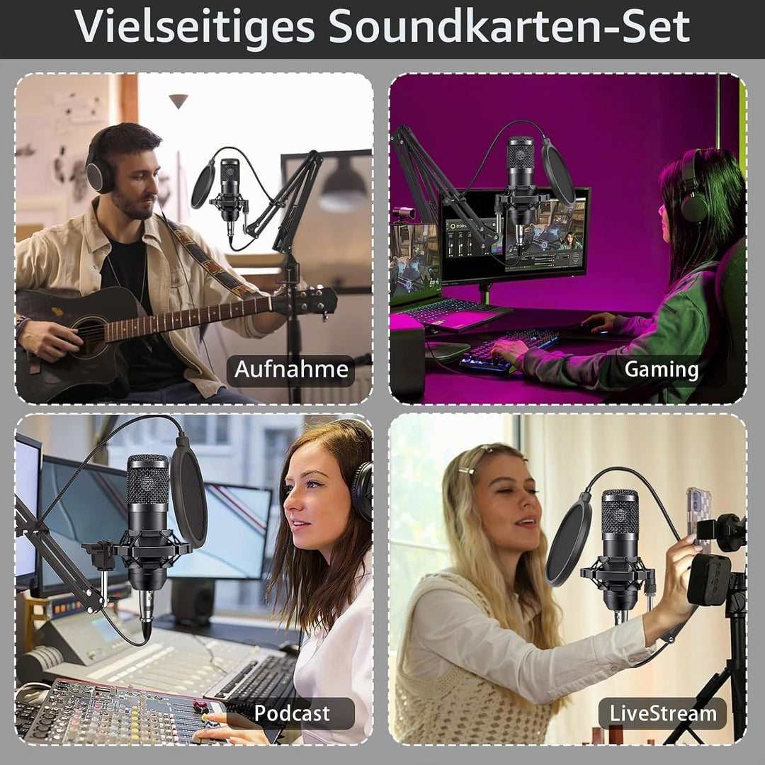 BM800 Podcast Komplettset für 2, Studio-Mikrofon mit Nierencharakteristik, Audio-Interface &amp; DJ-Mixe