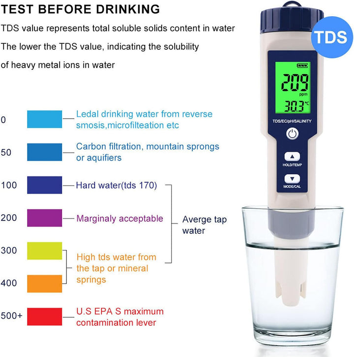 Digitales Salzgehaltmessgerät, EZ-9909 5-in-1 5-in-1-Salzgehalt-PH-Temp-EC- und TDS-Messgerät Wasser