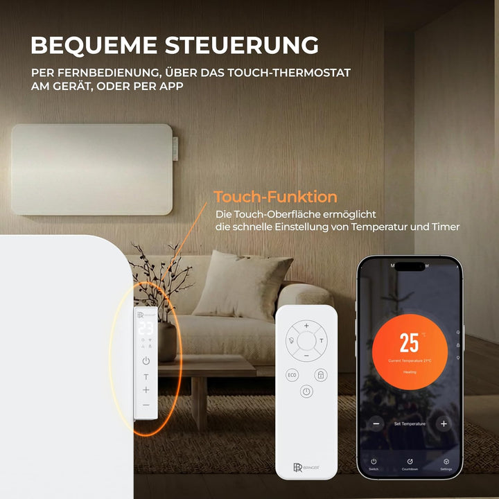 BR Bringer Hybrid Infrarotheizung 2000 Watt mit Konvektion - Smart Thermostat, WIFI & App - für Wand