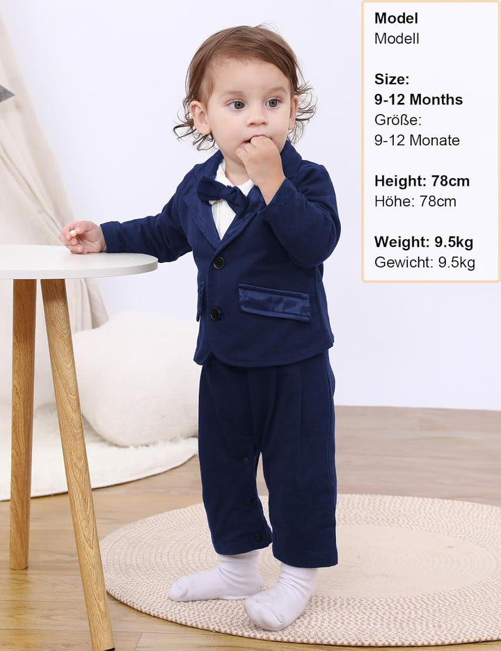 Baby Junge Gentleman Strampler, 2pcs Anzug Set Hochzeit Outfit mit Mantel, 6-24 Monate, Marineblau