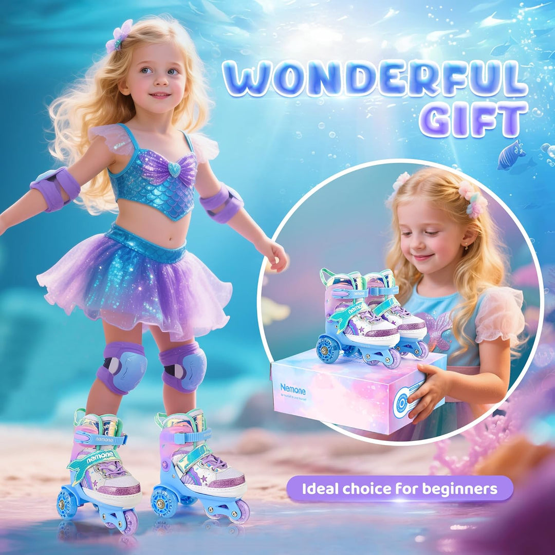 NEMONE Rollschuhe für Mädchen Kinder 4 Grössen Verstellbar Blau Violett Rollschuhe für Kinder Drinne