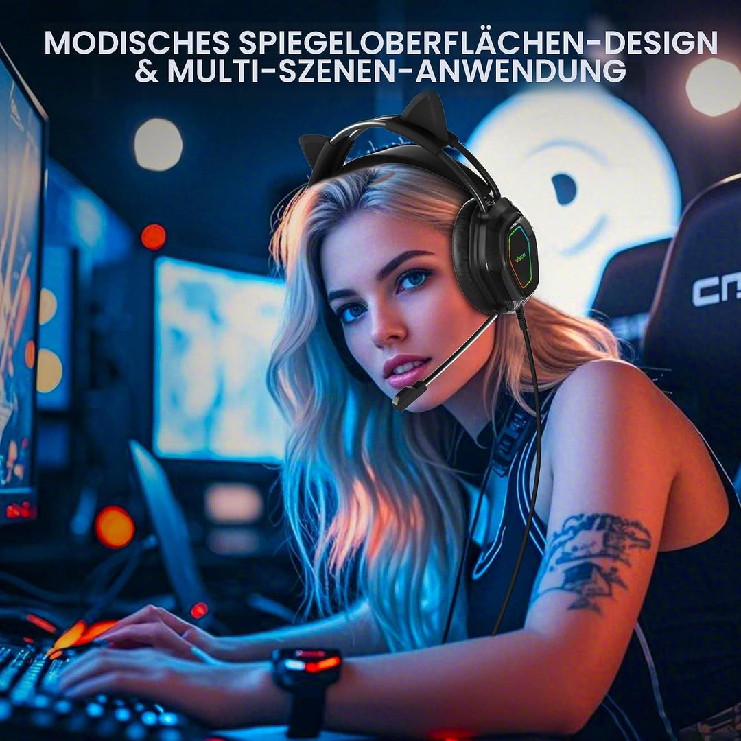 Wantak Katzenohr Kopfhörer mit Mikrofon – Kabel (3,5mm/USB) – Gaming Headset für PC/PS5/Xbox – Noise