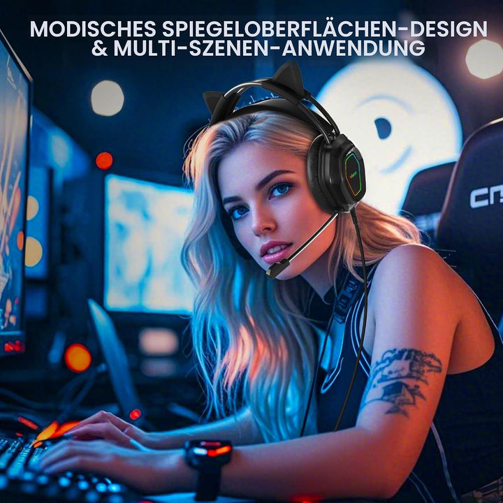 Wantak Katzenohr Kopfhörer mit Mikrofon – Kabel (3,5mm/USB) – Gaming Headset für PC/PS5/Xbox – Noise