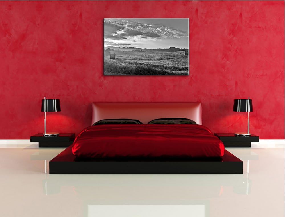 Feld mit Heuballen schwarz/weiss Format: 100x70 auf Leinwand, XXL riesige Bilder fertig gerahmt mit