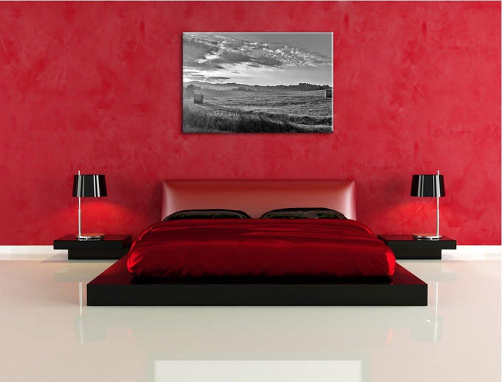 Feld mit Heuballen schwarz/weiss Format: 100x70 auf Leinwand, XXL riesige Bilder fertig gerahmt mit