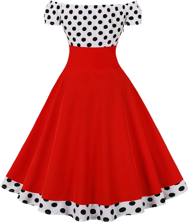 AXOE Damen Schulterfrei Kleid 50er Jahre Kleid Cocktailkleid mit Polka Dots Knielang S Rot/Weiss, S