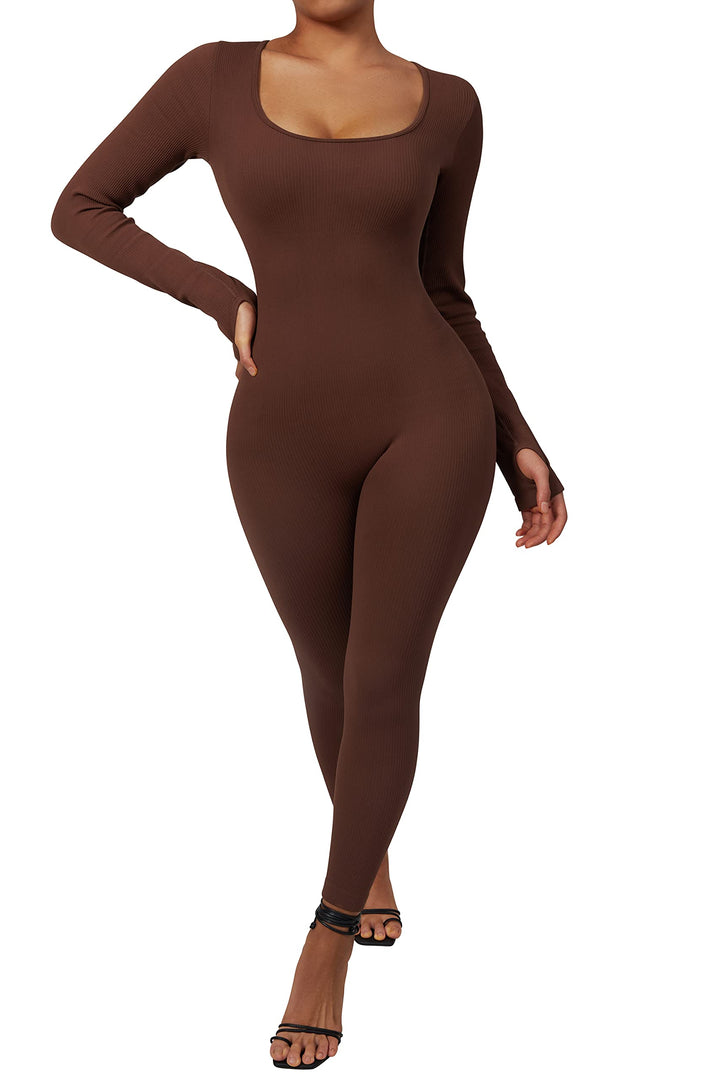 RXRXCOCO Gerippte Langarm Jumpsuits Damen Eng Square Neck Einteiler Bauchweg Sport Yoga Overall Romp