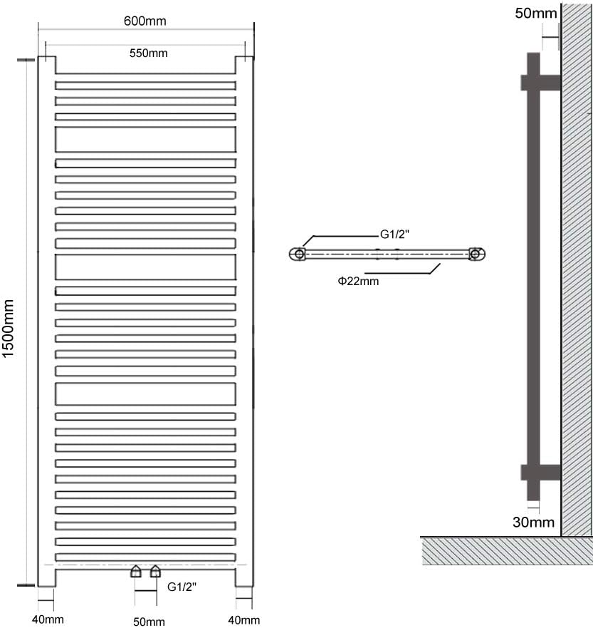 600 x 1500 mm Weiss mittelanschluss Badheizkörper handtuchhalter Heizkörper Handtuchwärmer Handtucht