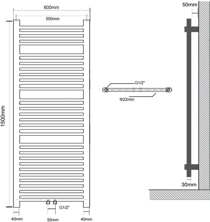 600 x 1500 mm Weiss mittelanschluss Badheizkörper handtuchhalter Heizkörper Handtuchwärmer Handtucht