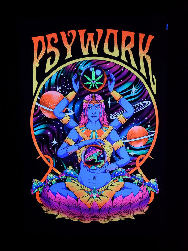 PSYWORK Schwarzlicht Stoffposter Neon Godness | 1,0 x 1,5m | UV-aktiv | fluoreszierend | Wandbehang