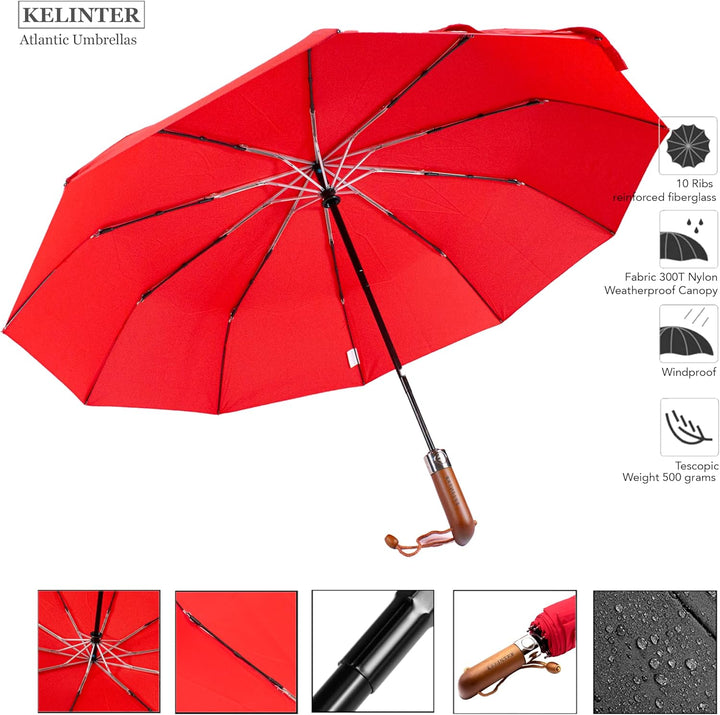 Automatischer Klappschirm - 10 Verstärkte Streben, Teflon 300T, Windsicher, Holzgriff Ergonomisch, K