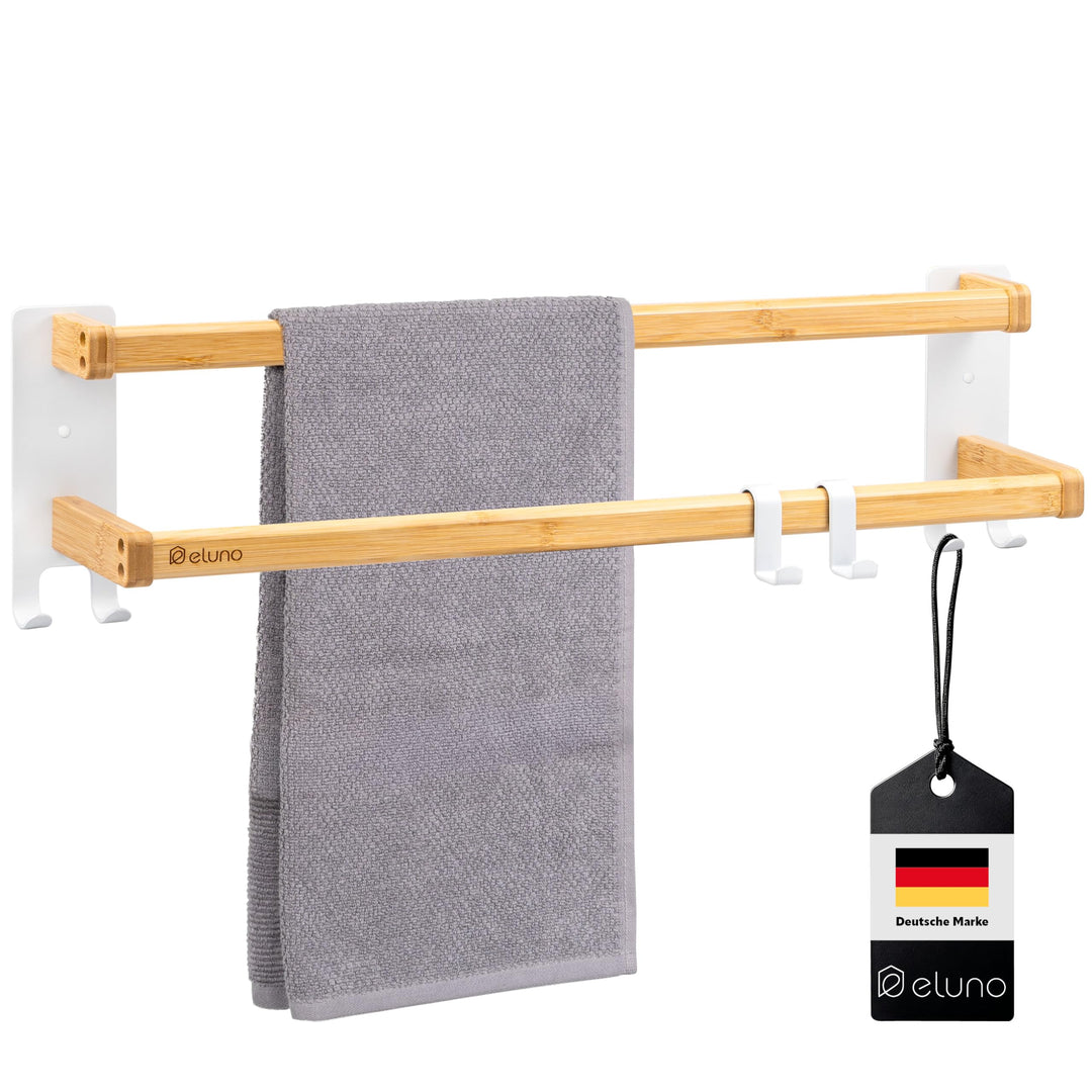 eluno Handtuchhalter 60 cm mit 2 Handtuchstangen und 6 praktischen Haken - mit hochwertigem Klebeban