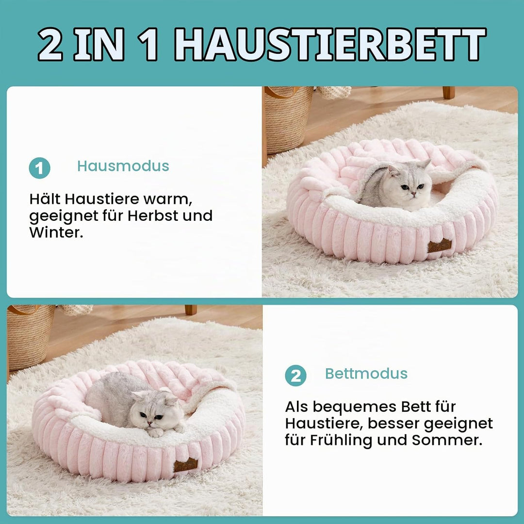 COZY KISS Katzenbett mit Decke 58cm, Runde Höhle für Kleine Katzen &amp; Hunde | Flauschige Katzensofa-K