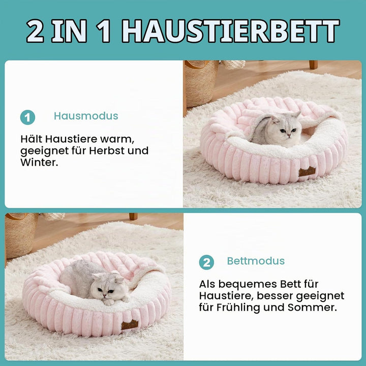 COZY KISS Katzenbett mit Decke 58cm, Runde Höhle für Kleine Katzen &amp; Hunde | Flauschige Katzensofa-K