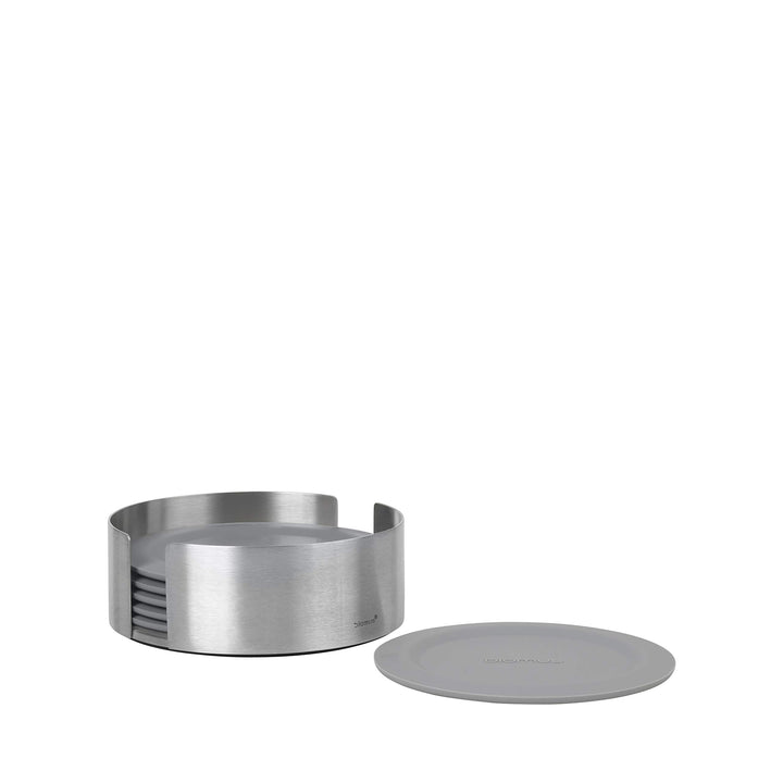 blomus -LARETO- Set aus 6 Silikon-Untersetzern, eleganter Grauton, inkl. Edelstahlhalter, Farbe Shar