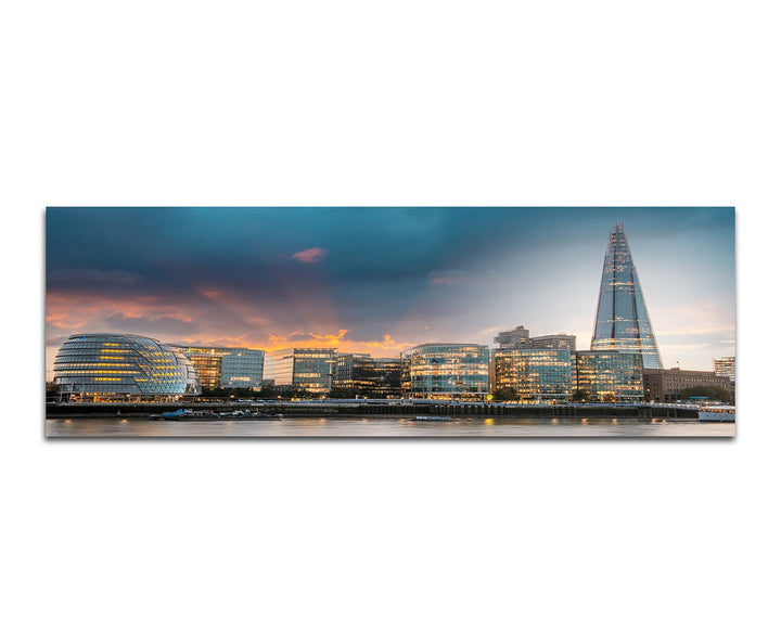 Paul Sinus Art Panoramabild auf Leinwand und Keilrahmen 150x50cm London Skyline Wasser Abenddämmerun