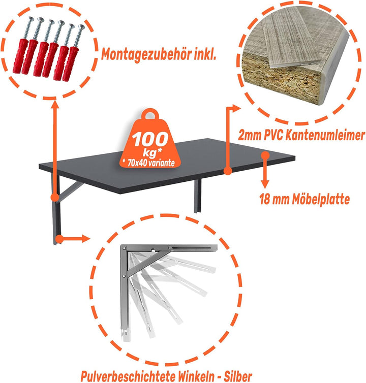 mikon 80x40 | Wandklapptisch Klapptisch Wandtisch Küchentisch Schreibtisch Kindertisch | SCHWARZ 80x
