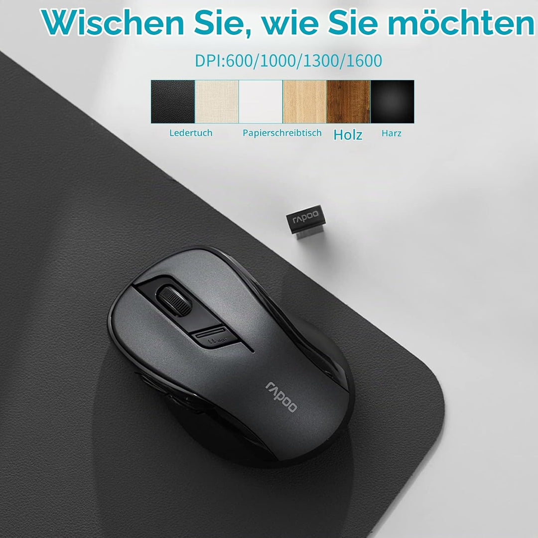 Rapoo M500 Silent kabellose Maus wireless Mouse 1600 DPI Sensor 12 Monate Batterielaufzeit leise Tas