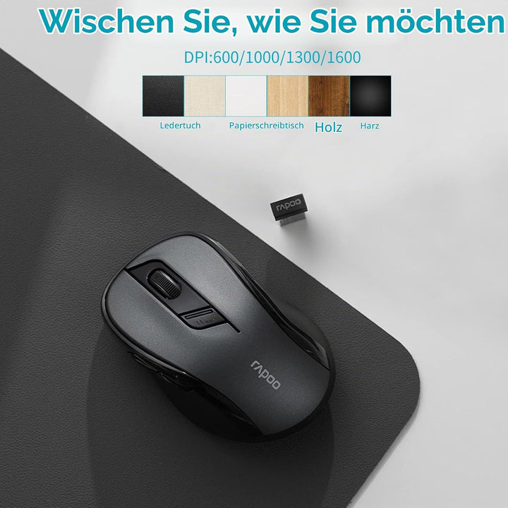 Rapoo M500 Silent kabellose Maus wireless Mouse 1600 DPI Sensor 12 Monate Batterielaufzeit leise Tas