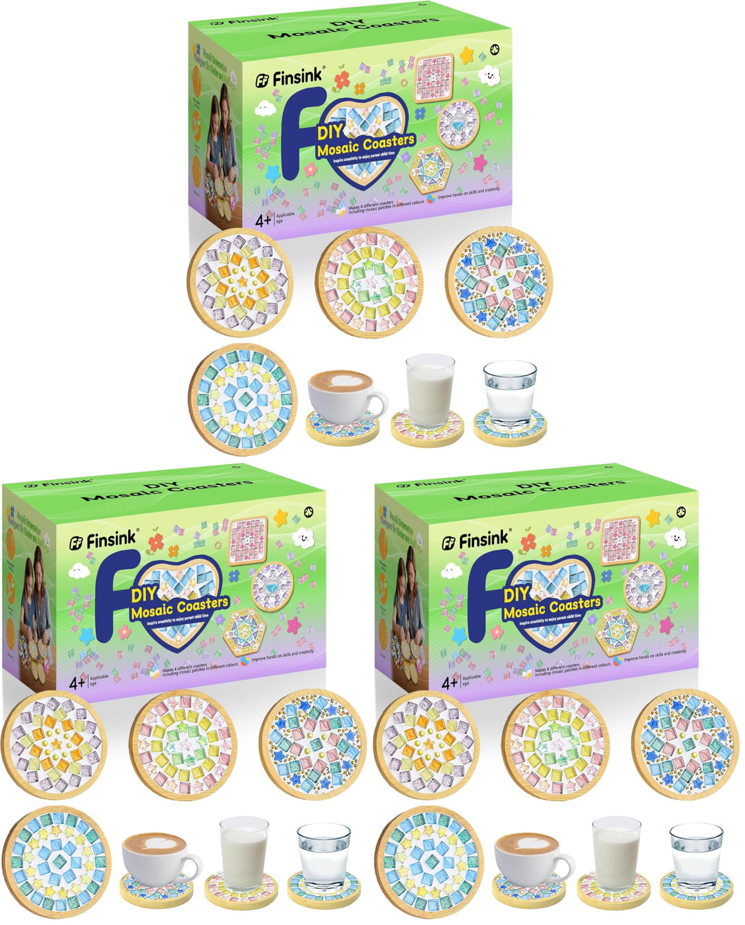 Finsink Mosaik bastelset kinder 4pcs mosaik untersetzer bastelset diy holz untersetzer Set Mosaikste