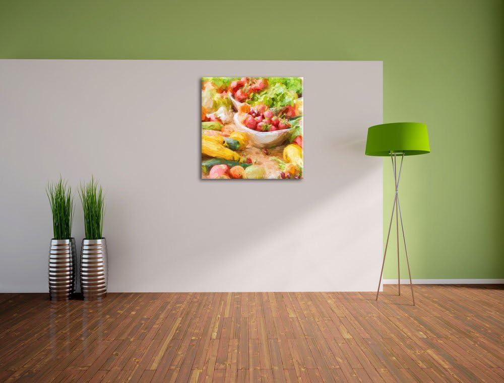 Pixxprint Buntes Obst und Gemüse Pinsel Effekt, Format: 70x70 auf Leinwand, 70x70