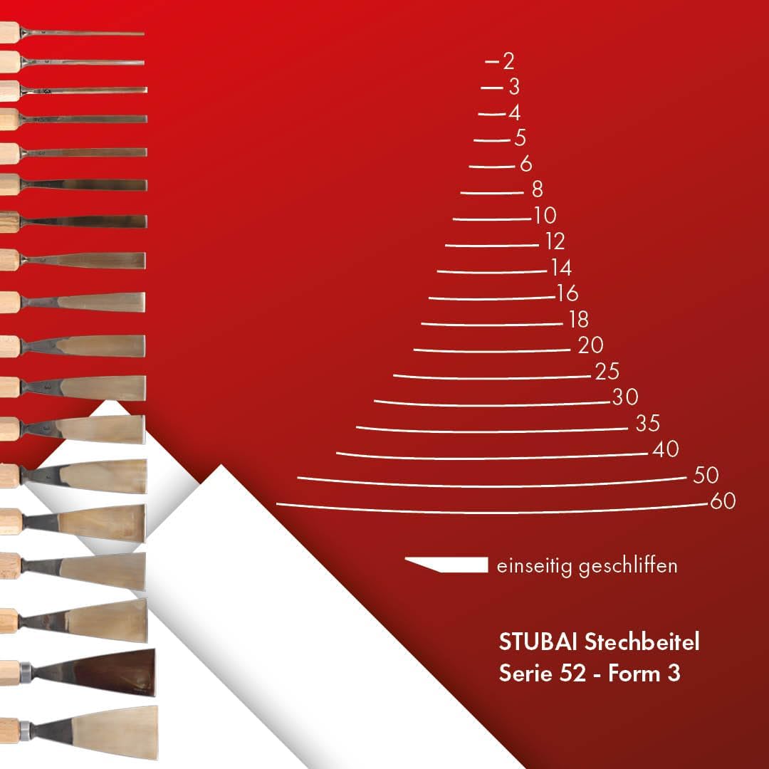 STUBAI Stemmeisen Stechbeitel Serie 52 - Form 3 | Gerades Flacheisen - 14 mm, mit Holzgriff, zum Vor
