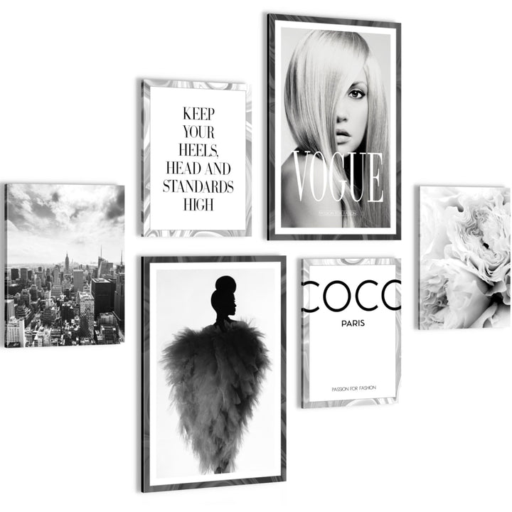 Novart Wandbilder Set Coco Fashion Schwarz Weiss - KEIN EXTRA RAHMEN BENÖTIGT - Modern Deko - Wohnzi