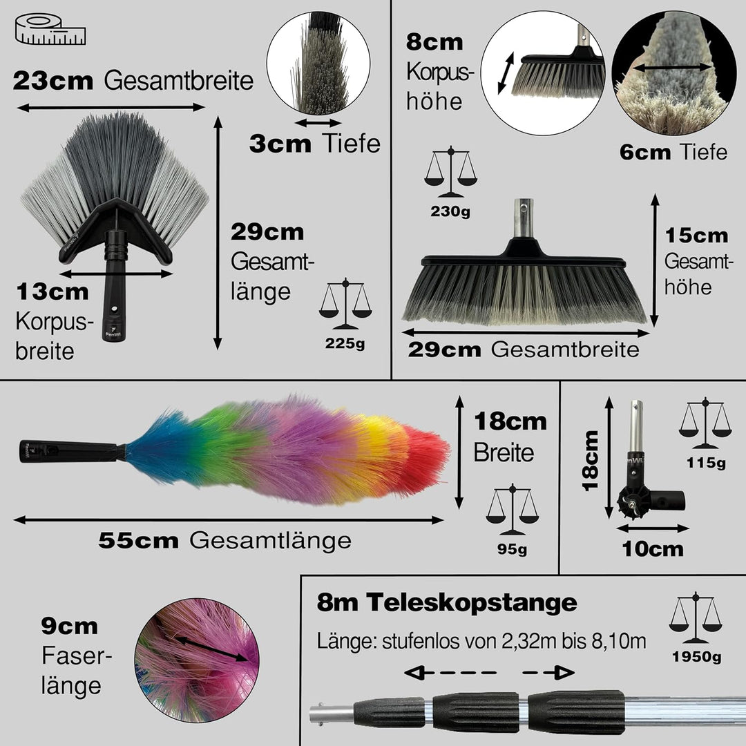 FenWi 8m Teleskopbesen Set mit Teleskopstange Ecken Besen Staubwedel Spinnenbesen (Flachbesen) und G