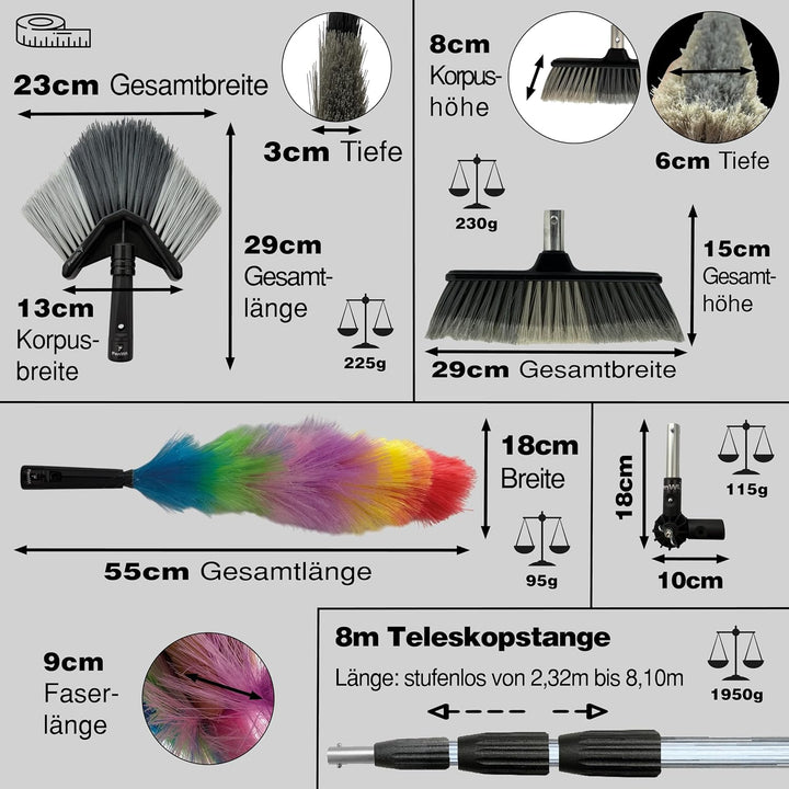 FenWi 8m Teleskopbesen Set mit Teleskopstange Ecken Besen Staubwedel Spinnenbesen (Flachbesen) und G